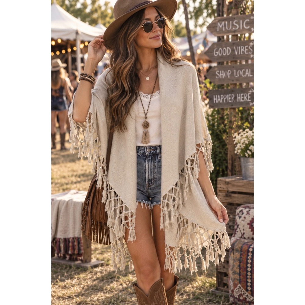 Look By M Anthropologie Cream Boho Fringe Waterfall Cardigan One Size